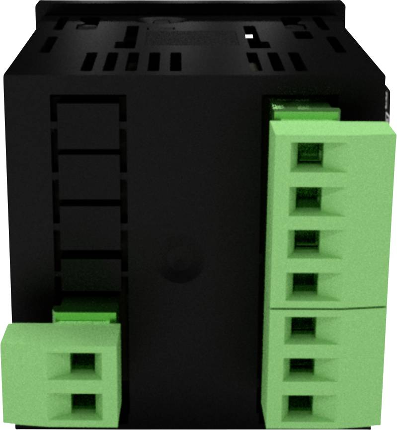 A black electrical device with green terminal connectors on one side, used for wiring in industrial applications.