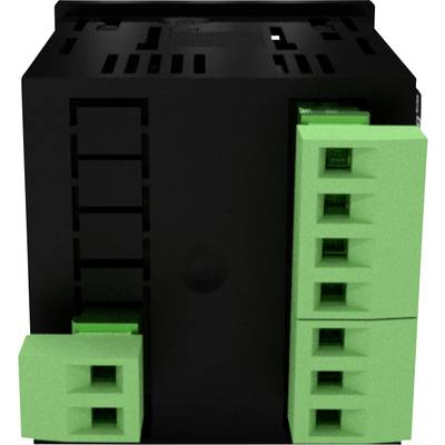 A black electrical device with green terminal connectors on one side, used for wiring in industrial applications.