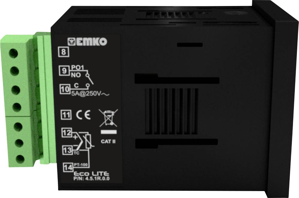A black electric device with green connectors. It has symbols and specifications on the front, including 250V/5A.