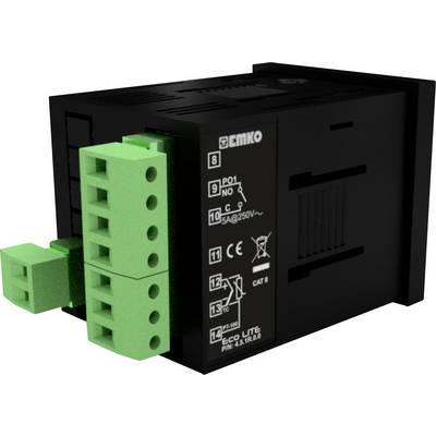 A black electronic control unit with green terminals, labelled with technical specifications and symbols on the front face.
