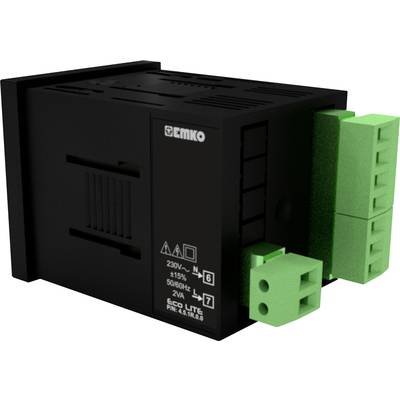 Black EMKO device with green connectors, showing technical specifications such as '230V~, ±15%, 50/60Hz, 2VA'.