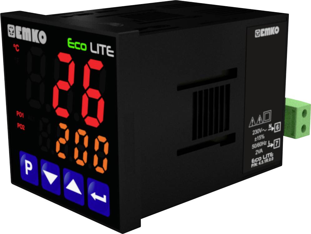 A black temperature controller by Emko displays the number '26' on an LED display, with curved buttons visible below.