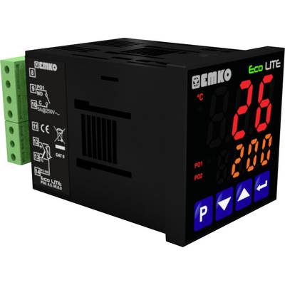 Digital temperature control device with LED display, showing 26 degrees Celsius. Four blue function keys at the front, connection terminals on the left.