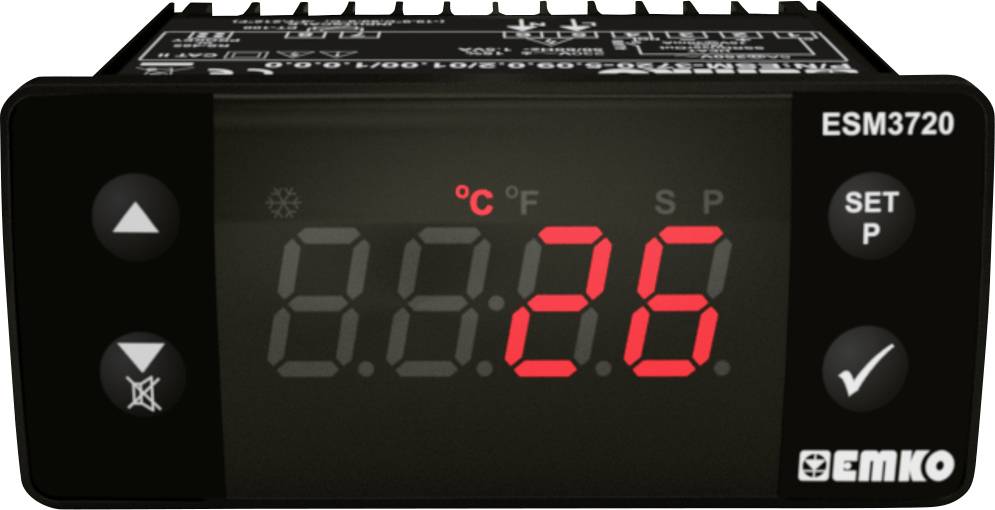 Digital temperature display device with red display showing '26 °C'. Control buttons on the left and settings on the right within the housing.