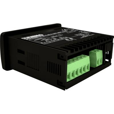 Black electronic device with green connection terminals, suitable for mounting in a control cabinet or control panel.