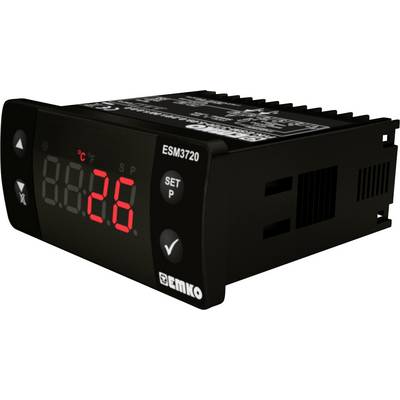 Digital temperature control device with red LED display showing '26°C'. Control buttons on the front. Model 'EMKO ESM3720'.