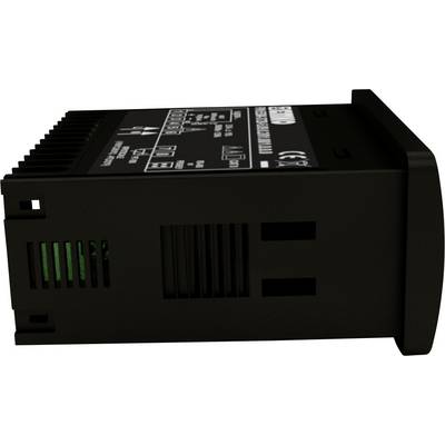 Black electronic device with ventilation slots, positioned horizontally. Text and symbols on the top surface, possibly technical specifications.