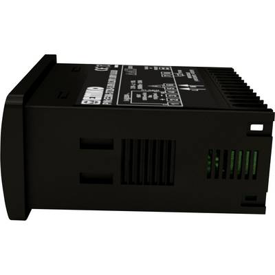 A black electronic device with ventilation slots and control elements on its top surface. It appears industrial and compact.