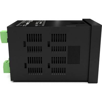 A black electric device with ventilation slots and green ports on the side. Design for industrial applications.
