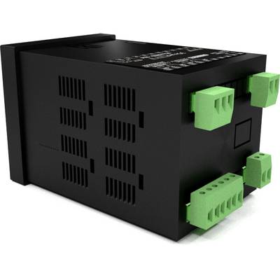 Black electric device with green connectors on the right-hand side. Device has side ventilation slots.