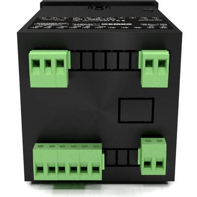 Black electronic device with green connection terminals and printed technical specifications on the top surface.