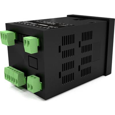 A black electric box with green connectors on the sides, possibly a control unit or relay.