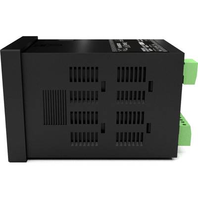 Black electronic device with ventilation slots and green connectors. It is used for control or monitoring in electrical systems.