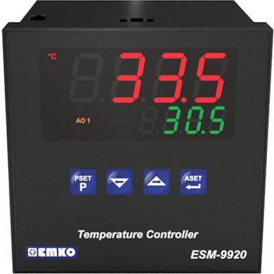 Temperature controller 'EMKO ESM-9920' displays 33.5°C in red digits. Three blue buttons below: 'PSET P', 'Up arrow', 'ASET'.