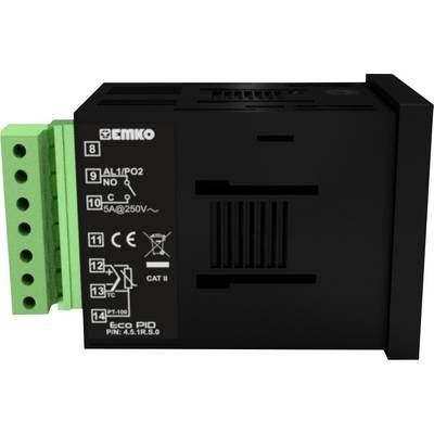 A black device with a green connector, multiple symbols and inscriptions, including 'EMKO' and 'Eco PID', along with technical specifications.