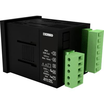 Black, rectangular electrical device with green connection terminals. Printed markings indicate technical specifications and connection options.