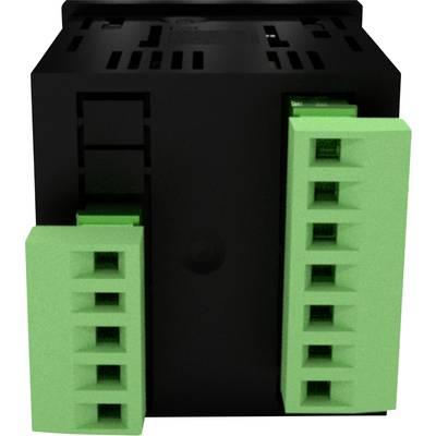 Black electronic component with two green, rectangular connector ports on both sides, likely for cable assembly.
