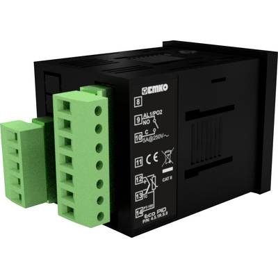 Black, rectangular electronic device with green ports and white labels on the side, used for control purposes.