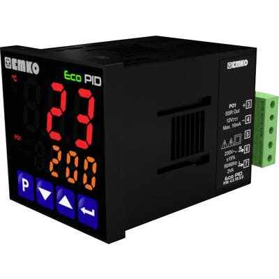 A digital PID controller from Emko displays large red '23' and smaller orange '200'. Blue arrow buttons are visible on the front panel.