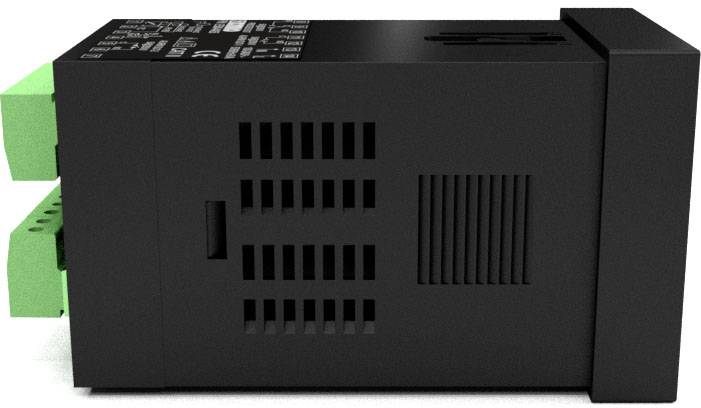 A black electric device with ventilation slots and green sockets on the left side.