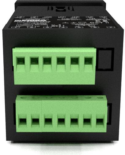 Black electrical device with two green, rectangular ports on the front. Technical details are printed on the top surface.