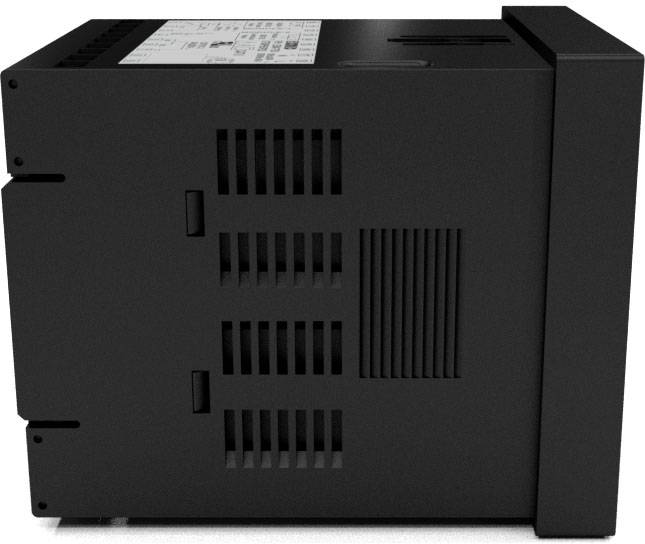 A black, rectangular industrial device with ventilation slots on the side.