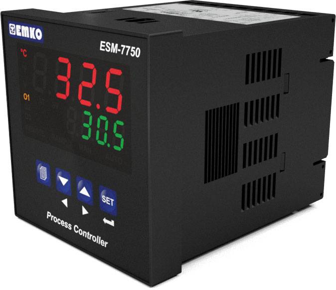 A digital process controller displaying '32.5 °C' in red and '30.5' in green. Model 'EMKO ESM-7750'.