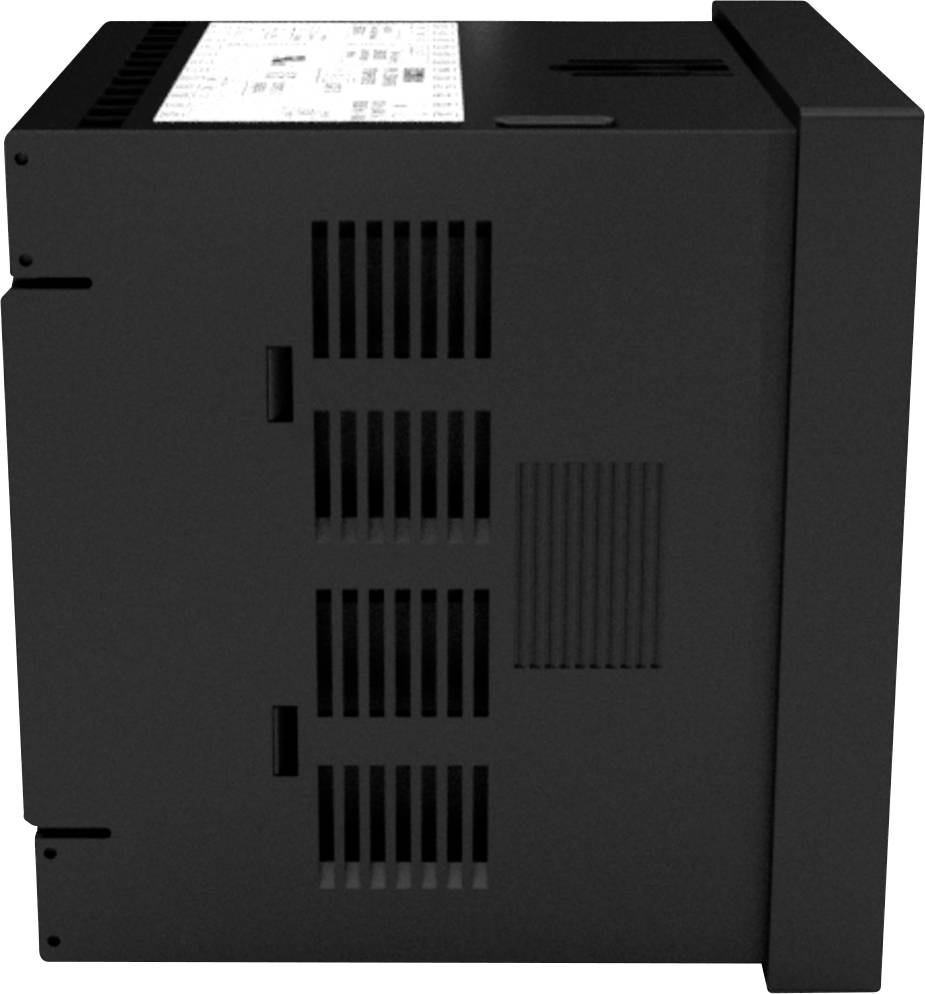 Black electronic device from a side angle with ventilation slots and a control panel on top.