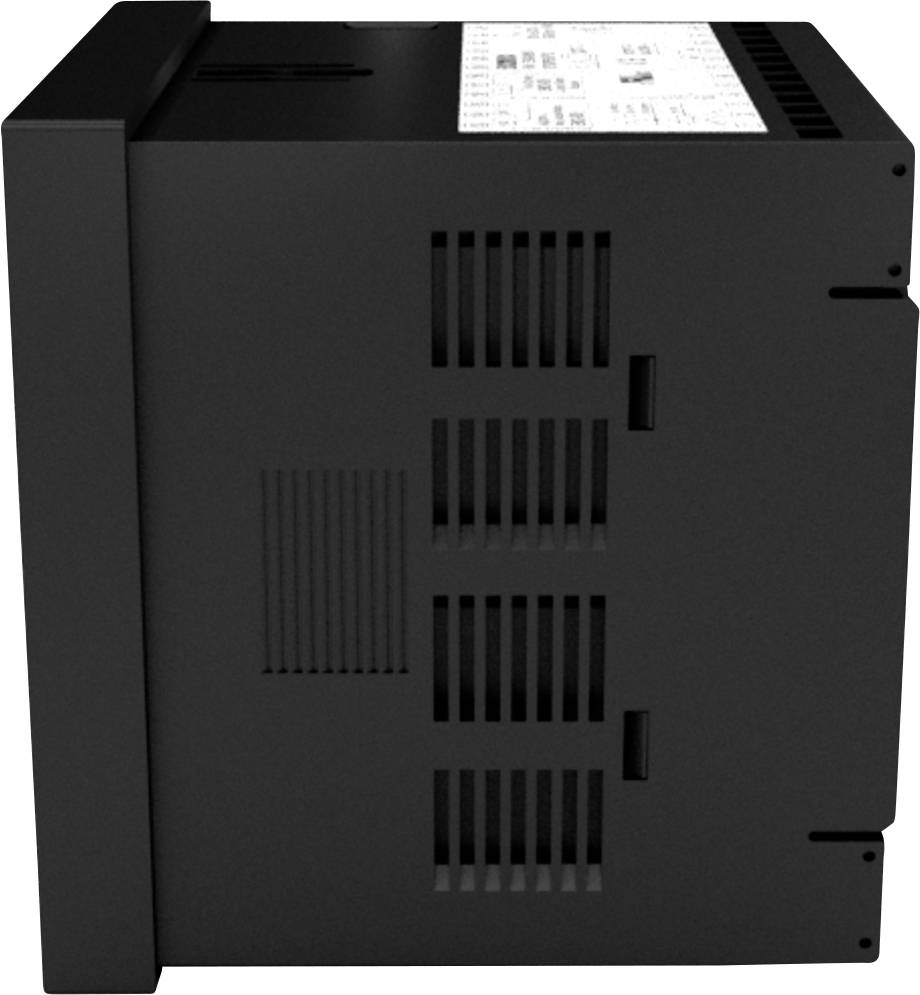 A black electronic device with ventilation slots on the side and a control panel on top. Function not specified.