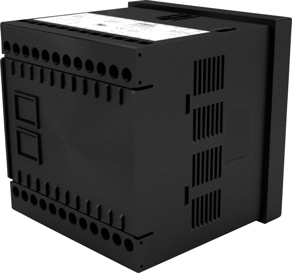 A black electrical device with multiple connections and ventilation slots on the sides. Evidently suitable for mounting in an electrical cabinet.