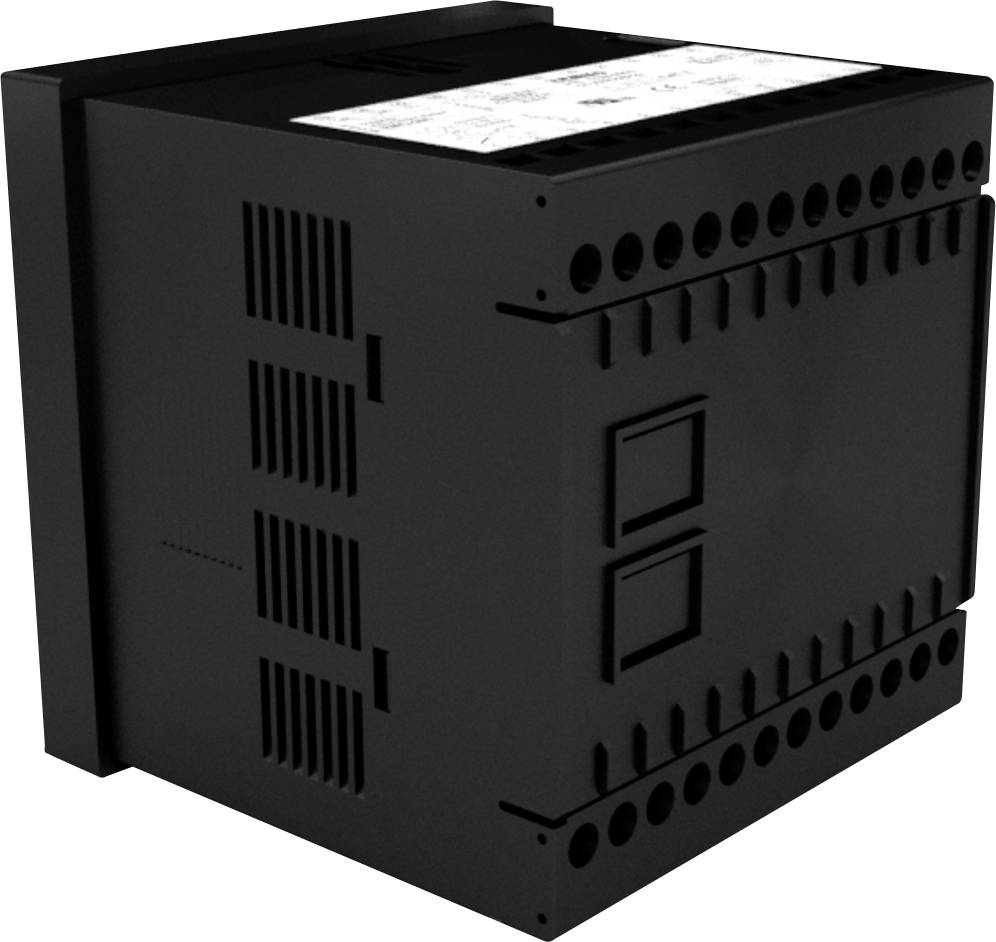 Black electronic device with multiple ports and ventilation slots, potentially for industrial control purposes.