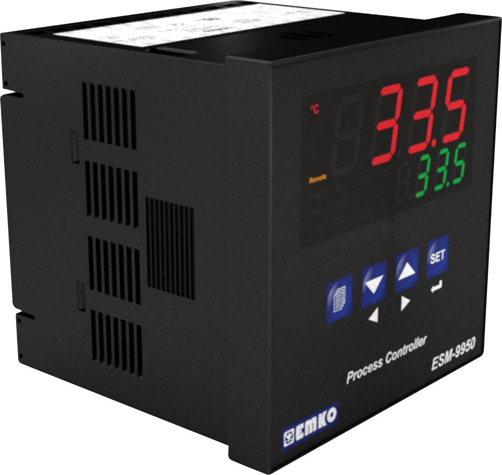 Black process controller with digital display showing '33.5°C'. Settings buttons underneath. Model: ESM-9950 by EMKO.