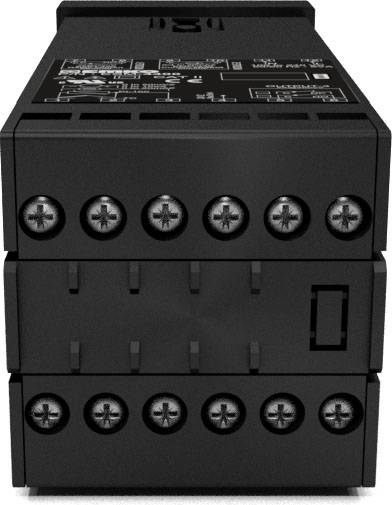 A black electronic device with multiple screw terminals on the front, possibly a relay or switch module.