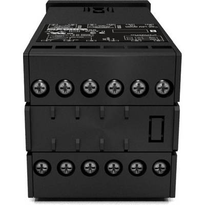 A black electronic device with multiple screw terminals on the front, possibly a relay or switch module.