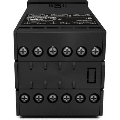 A black, rectangular electronic component with multiple screw terminals, likely used in an electrical installation.