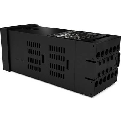 Black electronic device with multiple ports and ventilation slots, possibly a switch-mode power supply.