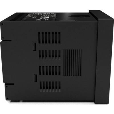 A black, rectangular electronic device with ventilation slots on the side and technical information on the top surface.