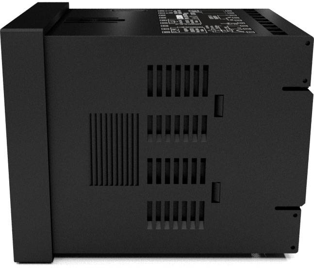 Black electrical device in a rectangular shape with ventilation slots on the side. It is situated on a white background.