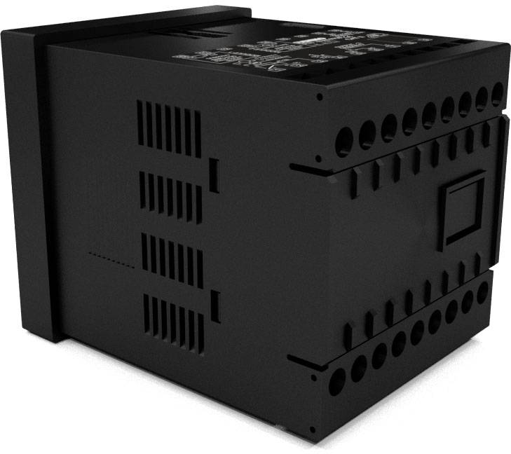 Black, rectangular electronic device with multiple ports and ventilation slots, most likely a control unit.