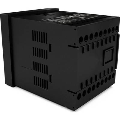 Black, rectangular electronic device with multiple ports and ventilation slots, most likely a control unit.
