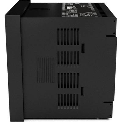 A black electric device with ventilation slots and labels on the top surface.