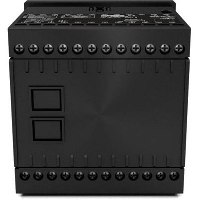 Black electronic device with multiple connection terminals and two square buttons on the front.