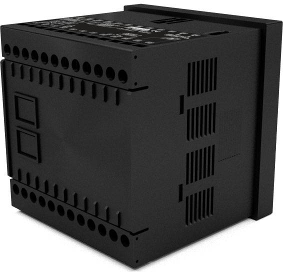 Rectangular electronic device with multiple terminal connections. Ventilation slots are located on the sides.