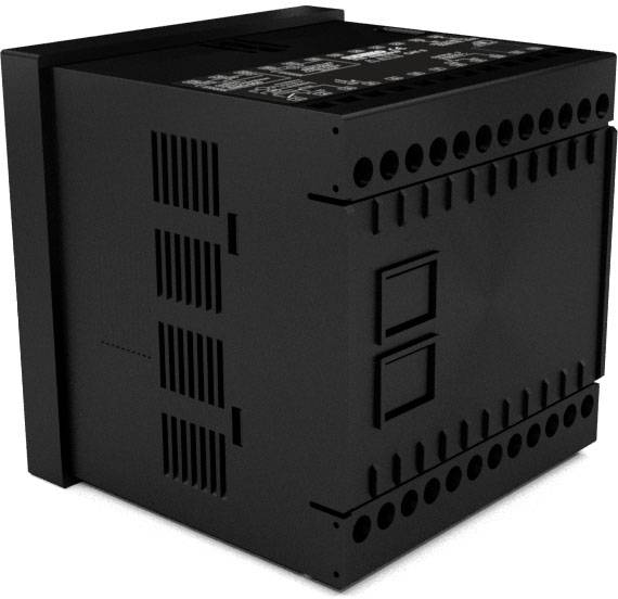 A black, rectangular electronic device with numerous ports on its top surface.