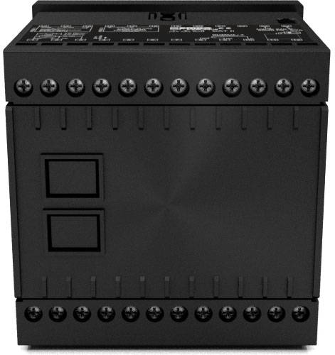 Black electrical transformer with screw terminals and multiple labels on top indicating technical details.