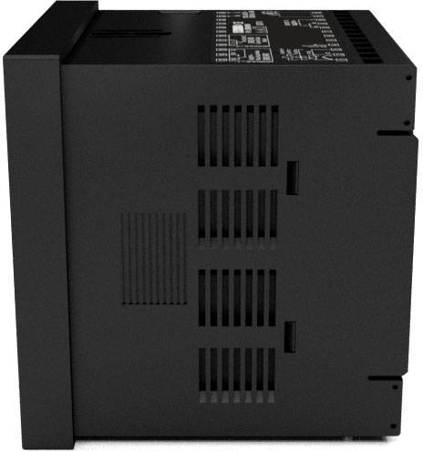 A black electronic device with side ventilation slots and top surface with control elements, designed for industrial or technological applications.