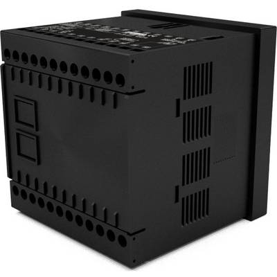 A black, rectangular electronic device with multiple ventilation slots and connection openings, possibly a relay module.