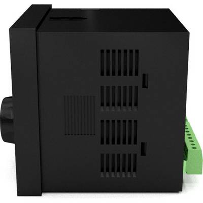 Black electronic box with side ventilation slots and green connection terminals on the right. Could be used for electrical connections.