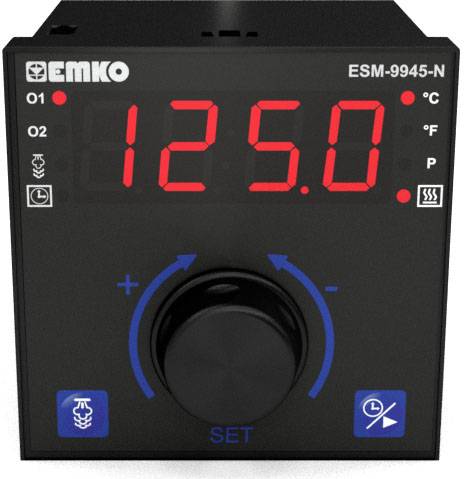 Digital temperature control device with red LED display showing '125.0'. Rotary knob with blue marking underneath. Brand name at top left.