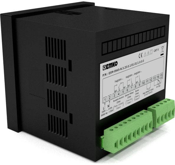 A black electronic control unit with green connection terminals, showing an interface panel table with connections and technical specifications.